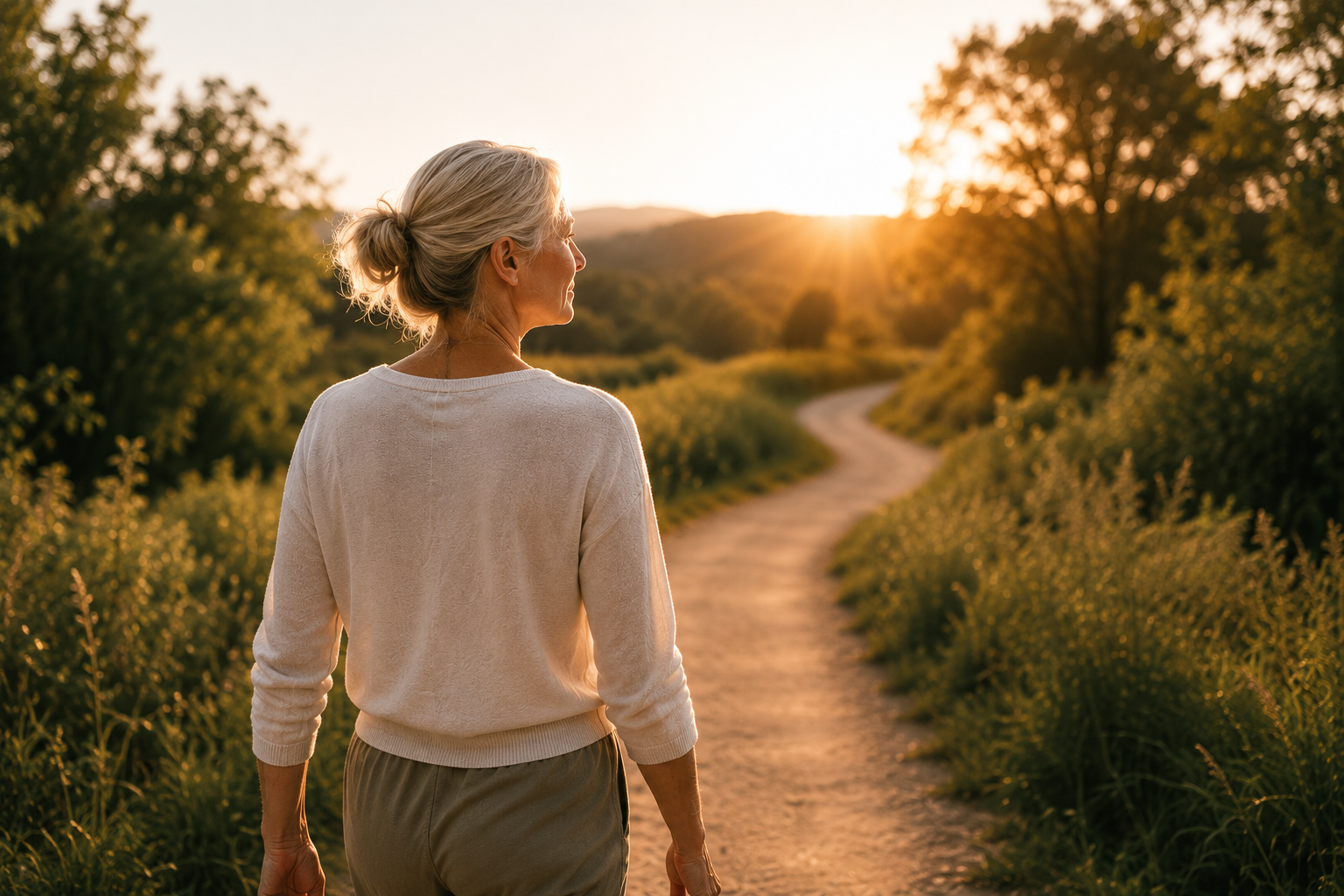 Woman walking outdoors at sunrise