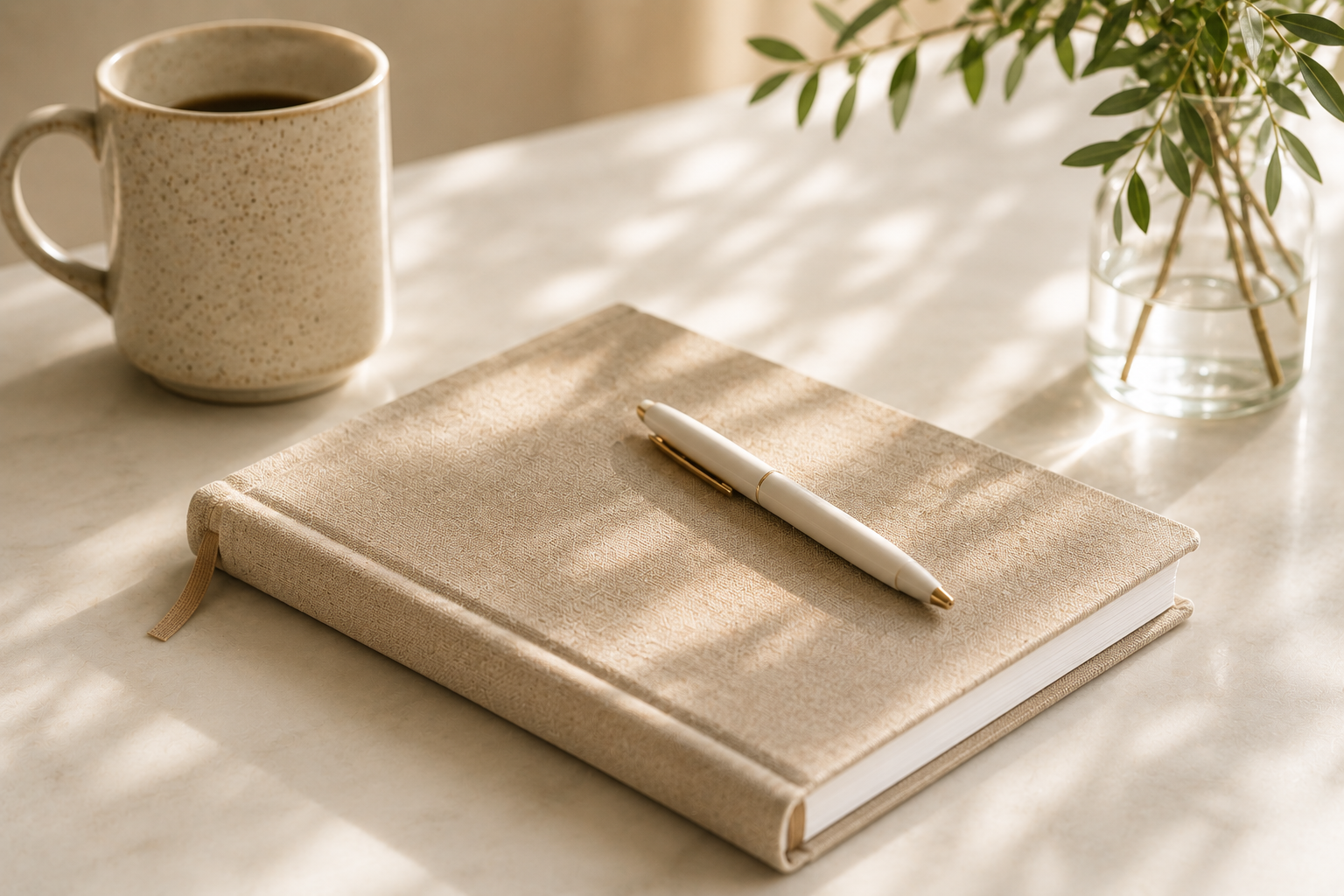 Notebook and cup on a sunlit natural wood surface