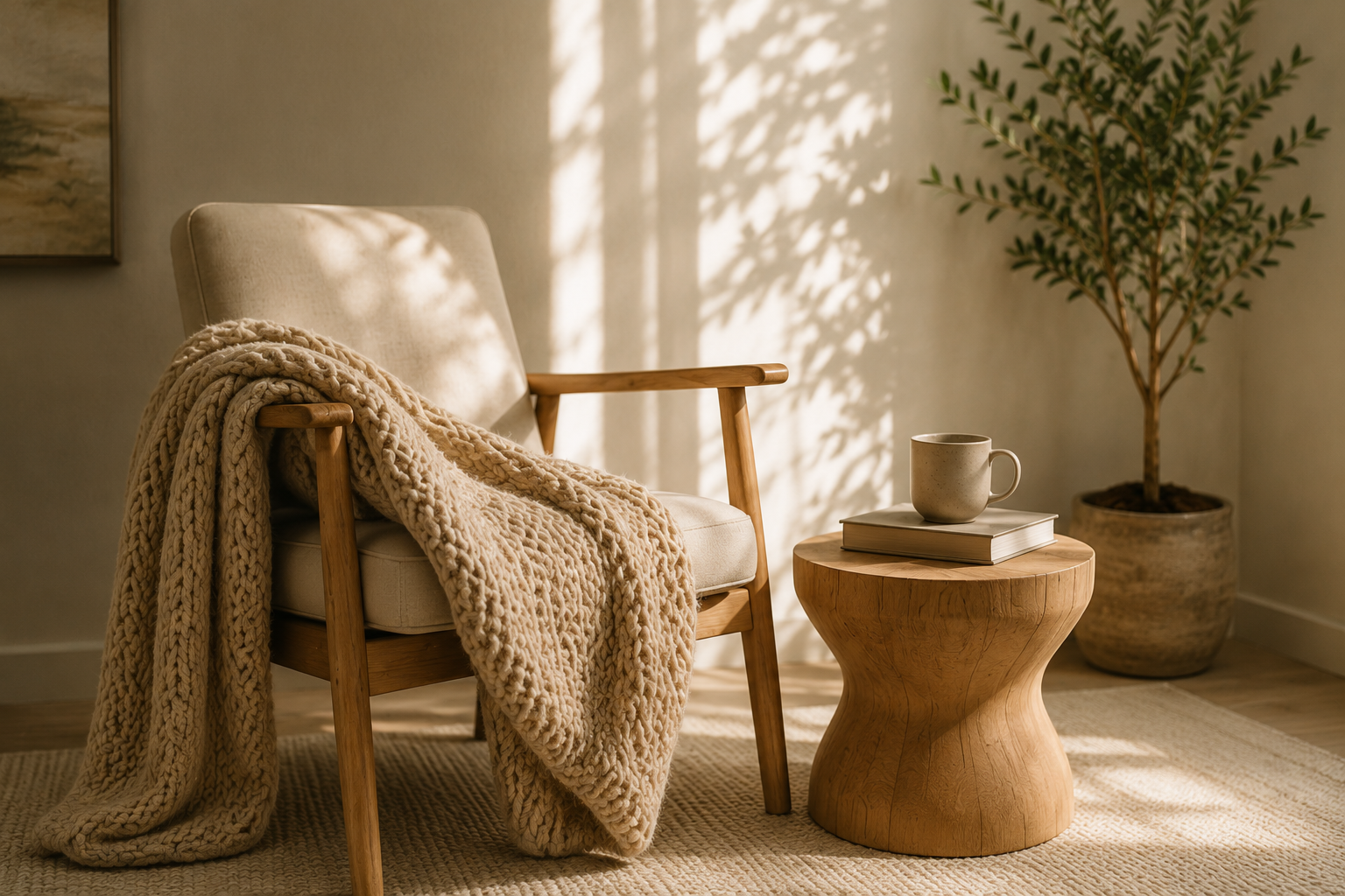 A calm wellness interior with a chair, blanket, side table, and plant
